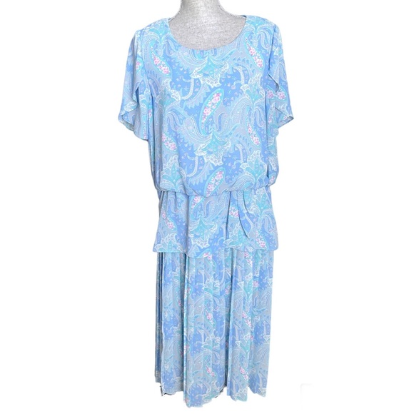 Vintage Rich Lady Peplum Pleated Midi Dress 80s Pastel Paisley Floral Pleated - Picture 1 of 17